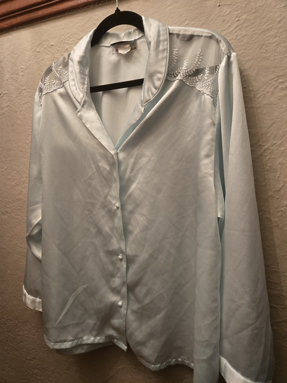 Vintage Satin Blouse Lace Sheer Shoulder Blue Cottagecore Romantic Top L XL - Picture 7 of 9